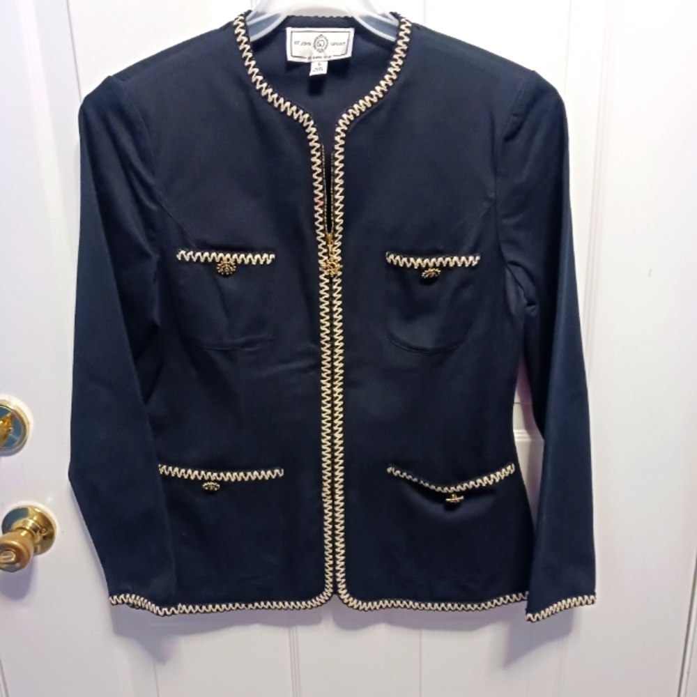 ST. JOHN SPORT MARIE GRAY BLACK WHITE TRIM ZIP FRONT JACKET SM